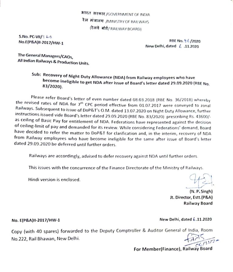 ESTABLISHMENT CIRCULAR Recovery Of Night Duty Allowance Deferred